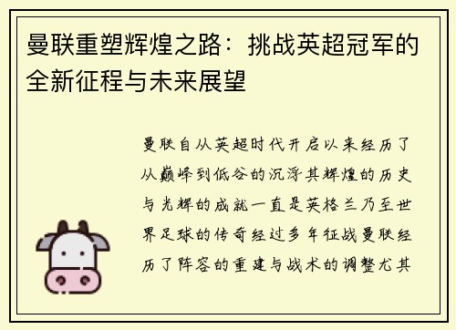曼联重塑辉煌之路：挑战英超冠军的全新征程与未来展望